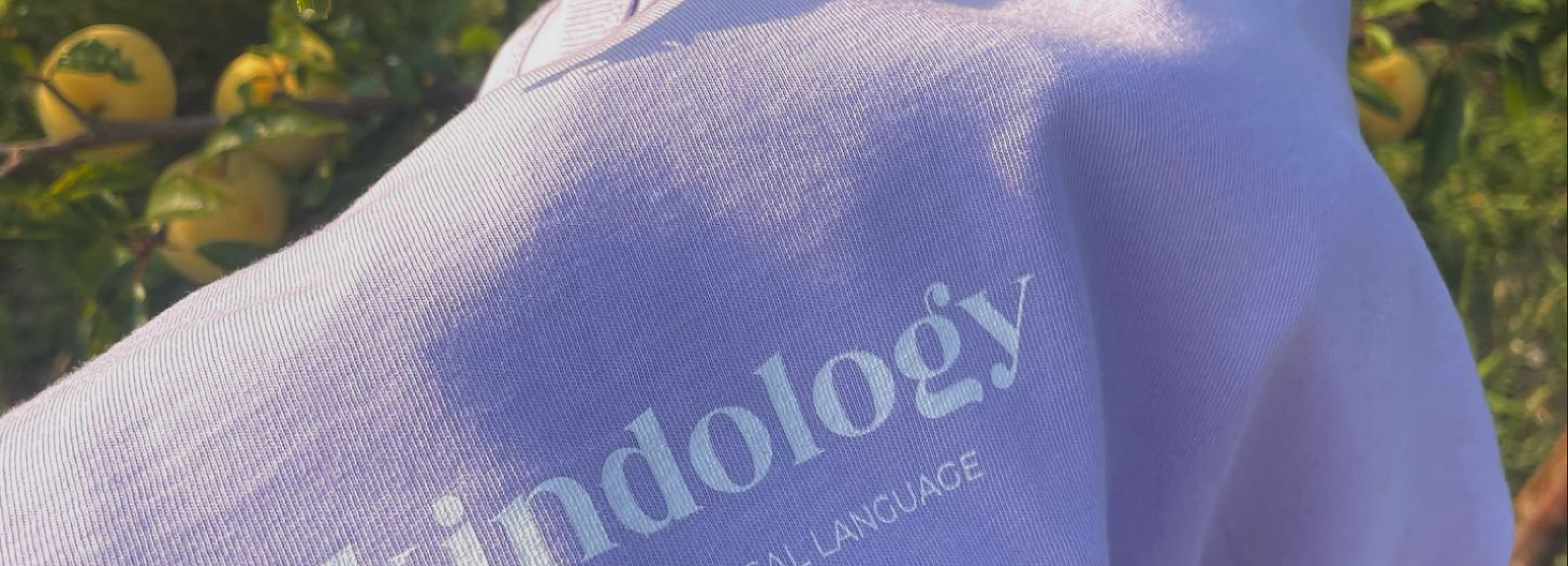 purple sweatshirt with the sentence "kindology is a universal language"